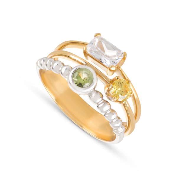 Anel em ouro bicolor com pedras zircónias multicolor