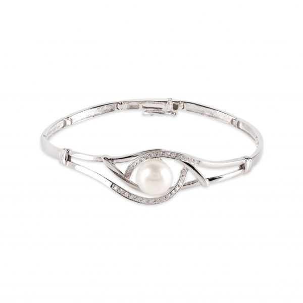 Pulseira ouro branco com pérola e pedras zircónias